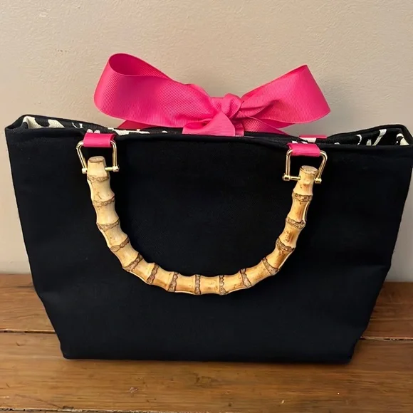 Keeks & Brie Navy Blue with Bright Pink Ribbon Handbag Satchel - Picture 2 of 11